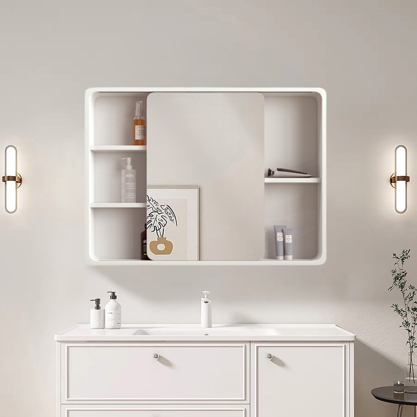 Baobao Wall Mount Bathroom PVC Medicine Cabinet with Sliding Mirror Door, White